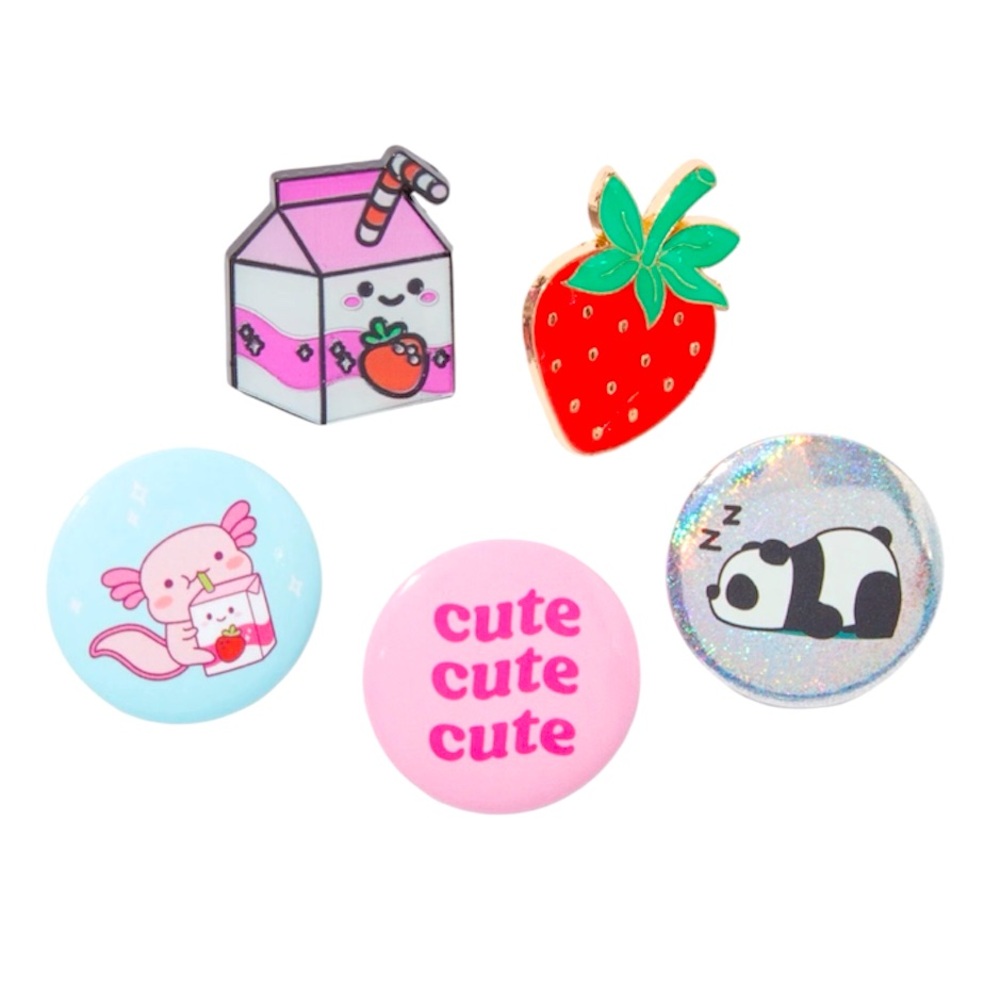 5-Pack Strawberry Milk & Axolotl Round Buttons & Pins Set - NWT